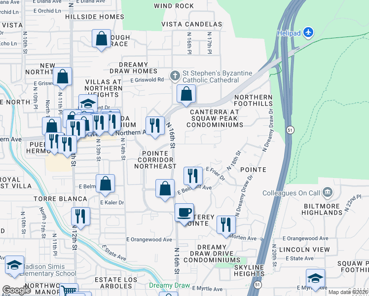 map of restaurants, bars, coffee shops, grocery stores, and more near 7887 North 16th Street in Phoenix