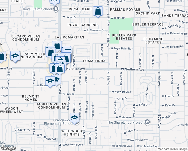 map of restaurants, bars, coffee shops, grocery stores, and more near 7817 North 16th Drive in Phoenix