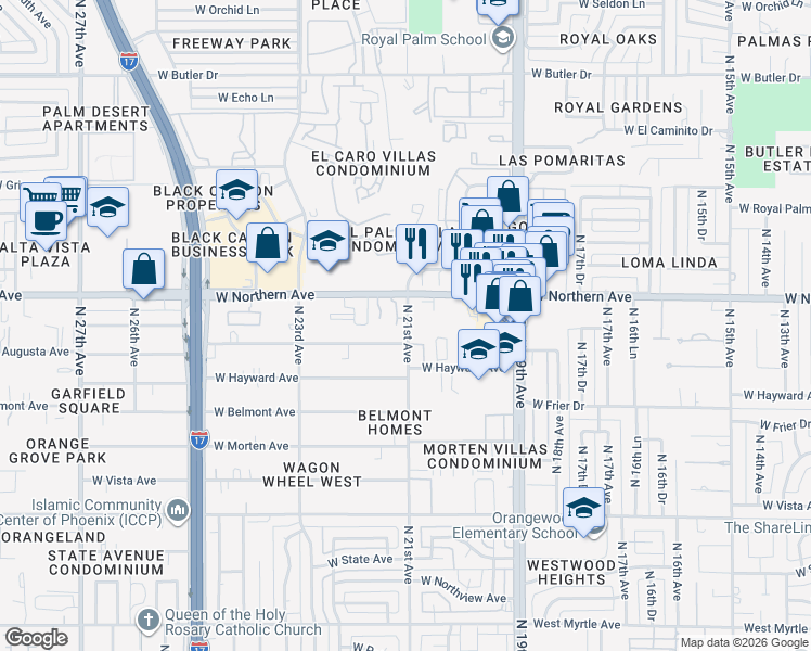 map of restaurants, bars, coffee shops, grocery stores, and more near 2102 West Augusta Avenue in Phoenix