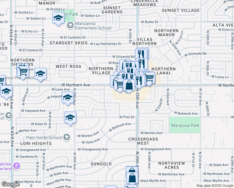 map of restaurants, bars, coffee shops, grocery stores, and more near 3581 West Northern Avenue in Phoenix