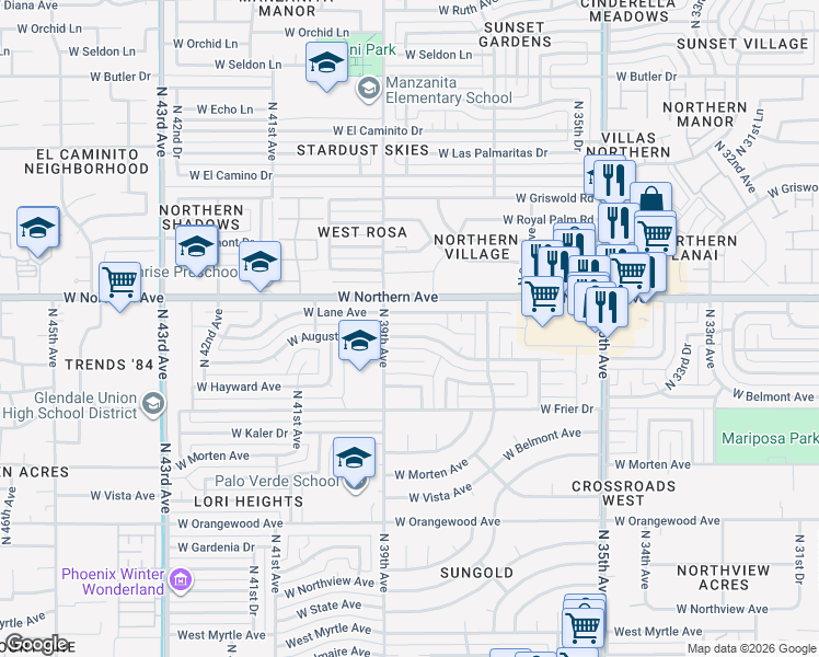 map of restaurants, bars, coffee shops, grocery stores, and more near 3820 West Augusta Avenue in Phoenix