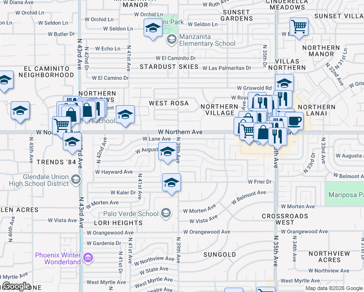 map of restaurants, bars, coffee shops, grocery stores, and more near 3902 West Augusta Avenue in Phoenix