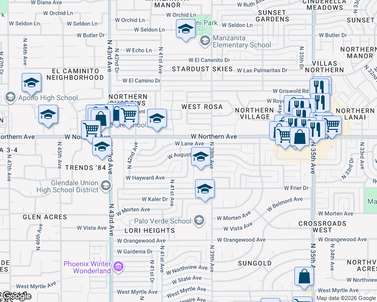 map of restaurants, bars, coffee shops, grocery stores, and more near 3936 W Augusta Ave in Phoenix