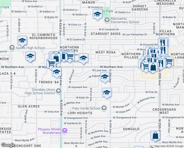 map of restaurants, bars, coffee shops, grocery stores, and more near 4028 West Augusta Avenue in Phoenix
