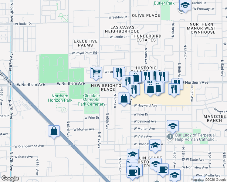 map of restaurants, bars, coffee shops, grocery stores, and more near 7841 North 59th Lane in Glendale