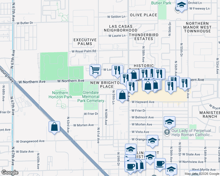 map of restaurants, bars, coffee shops, grocery stores, and more near 6006 West Augusta Avenue in Glendale