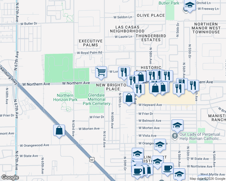 map of restaurants, bars, coffee shops, grocery stores, and more near 6006 West Augusta Avenue in Glendale