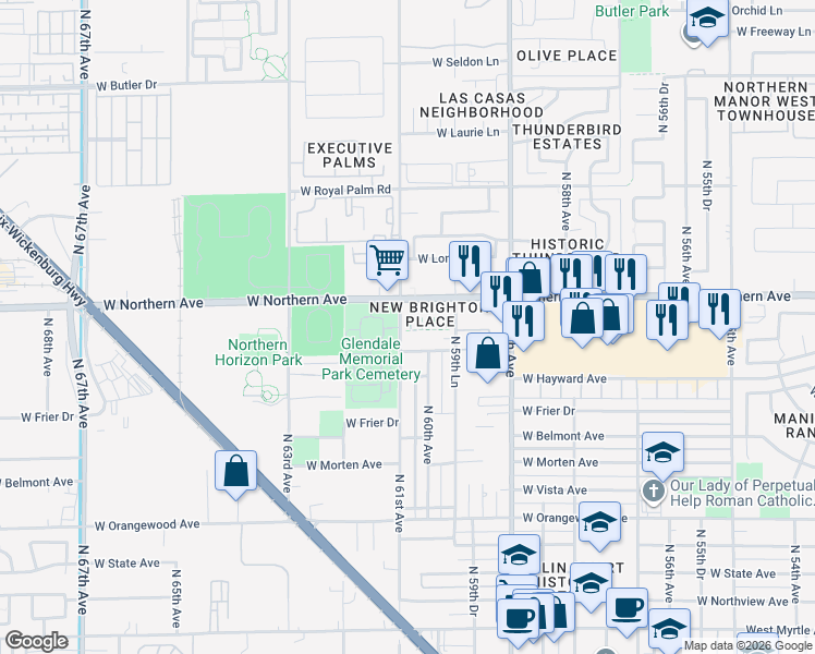 map of restaurants, bars, coffee shops, grocery stores, and more near 7903 North 61st Avenue in Glendale