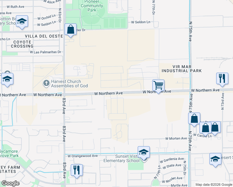 map of restaurants, bars, coffee shops, grocery stores, and more near 7907 West Northern Avenue in Glendale