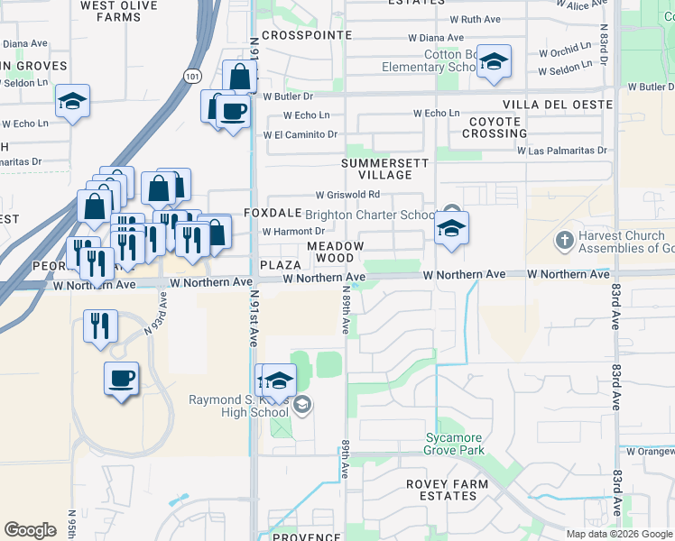 map of restaurants, bars, coffee shops, grocery stores, and more near 8907 West Desert Jewel Drive in Peoria