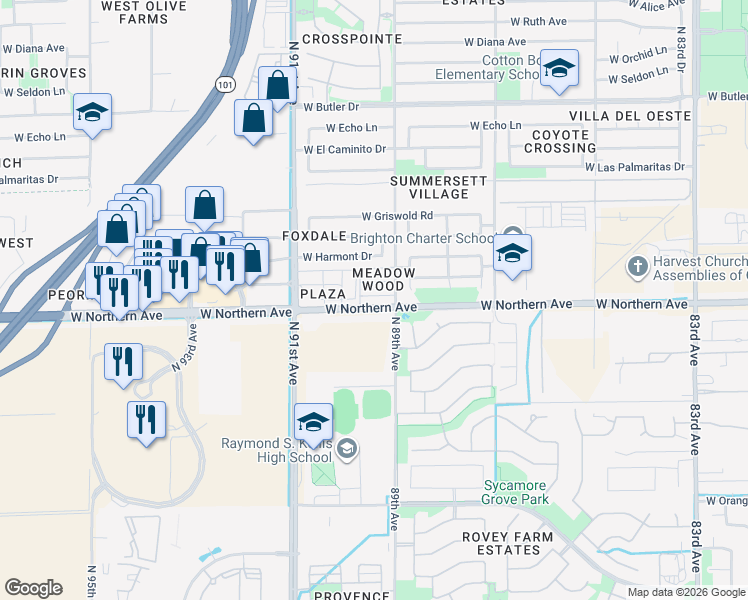map of restaurants, bars, coffee shops, grocery stores, and more near 8907 West Desert Jewel Drive in Peoria