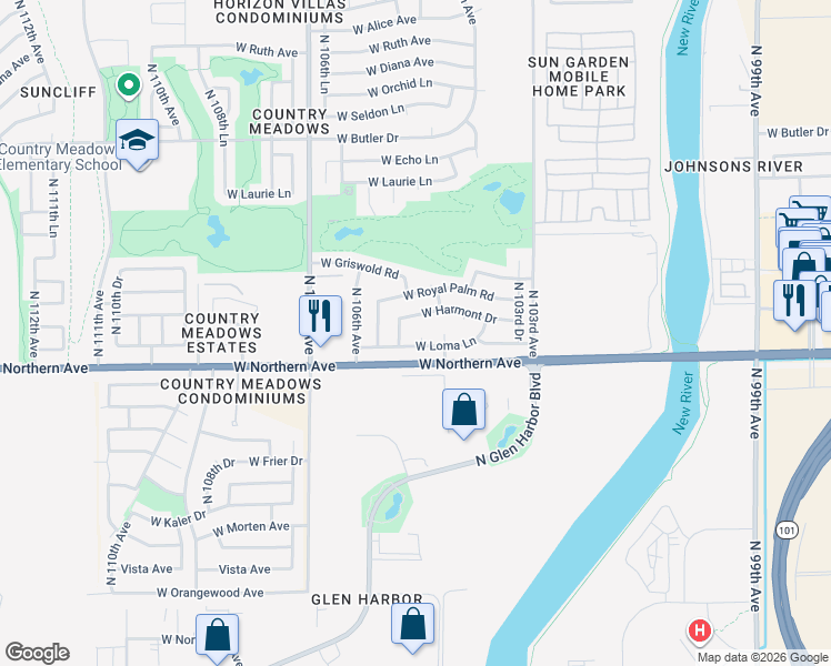 map of restaurants, bars, coffee shops, grocery stores, and more near 10518 North 105th Avenue in Peoria