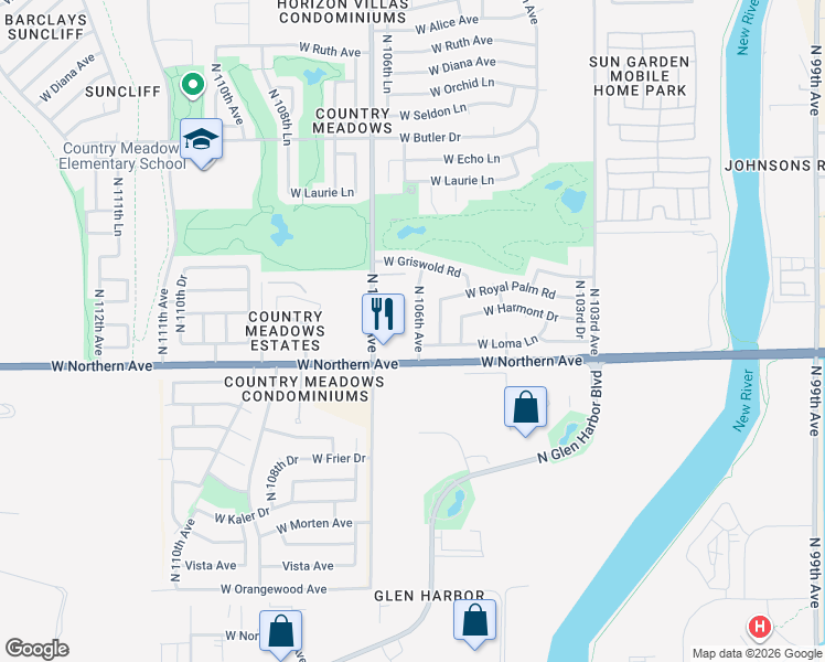 map of restaurants, bars, coffee shops, grocery stores, and more near 8028 North 106th Avenue in Peoria