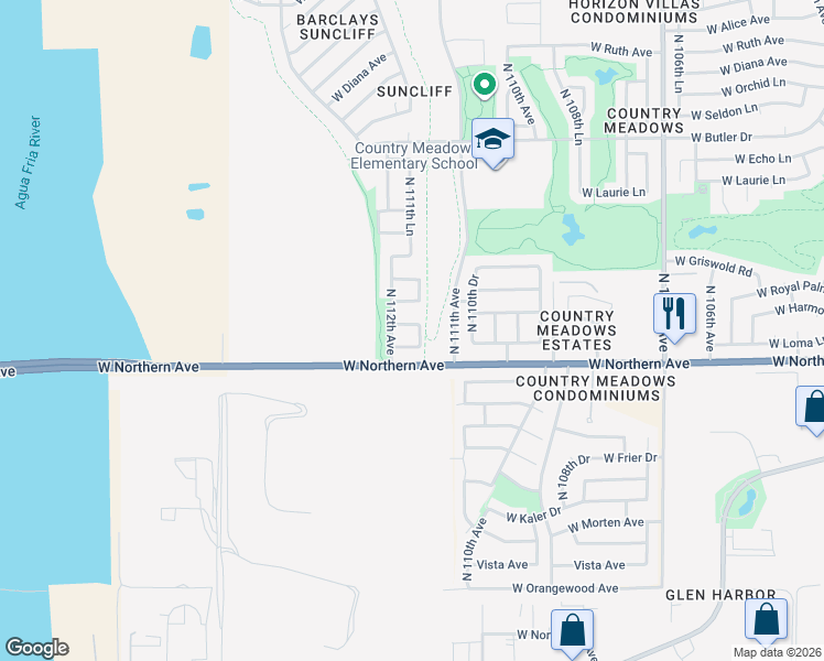 map of restaurants, bars, coffee shops, grocery stores, and more near 11165 West Manzanita Drive in Peoria