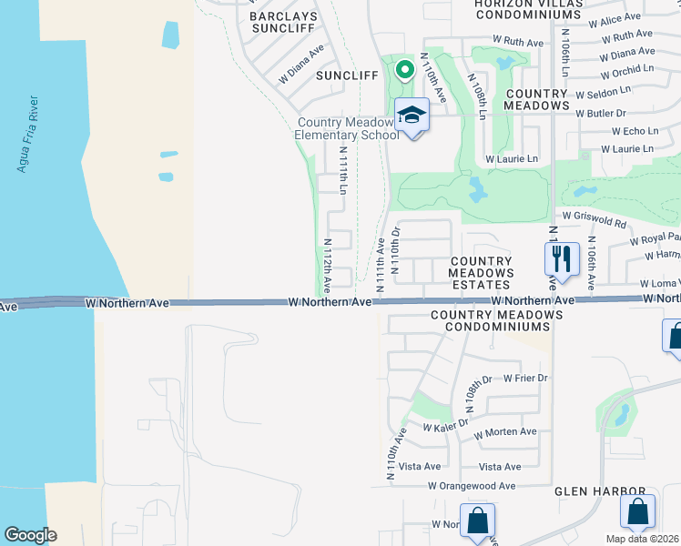 map of restaurants, bars, coffee shops, grocery stores, and more near 11181 West Manzanita Drive in Peoria