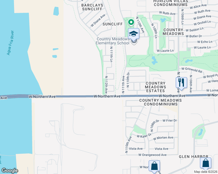 map of restaurants, bars, coffee shops, grocery stores, and more near 11181 West Manzanita Drive in Peoria