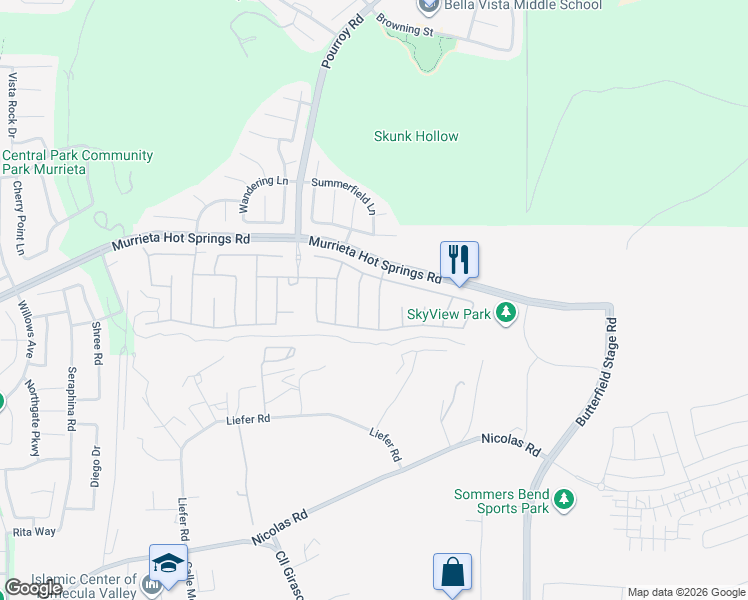 map of restaurants, bars, coffee shops, grocery stores, and more near 39148 Pagosa Springs Drive in Temecula