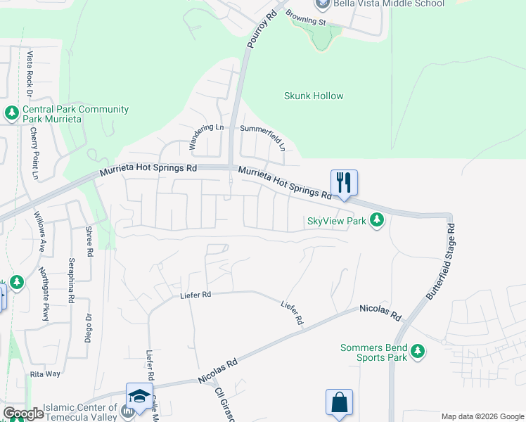 map of restaurants, bars, coffee shops, grocery stores, and more near 39151 Trail Creek Lane in Temecula