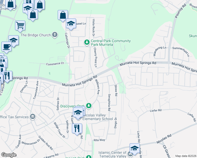 map of restaurants, bars, coffee shops, grocery stores, and more near 39178 Half Moon Circle in Murrieta