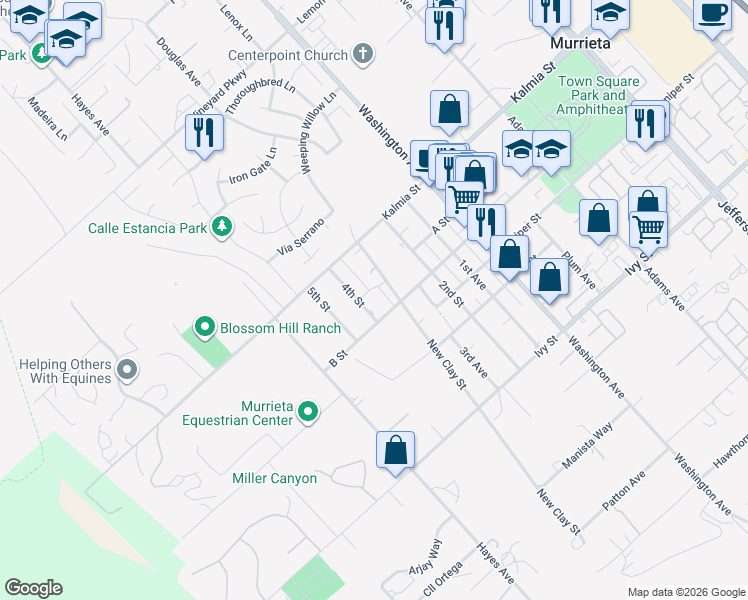 map of restaurants, bars, coffee shops, grocery stores, and more near 24737 Clay Avenue in Murrieta