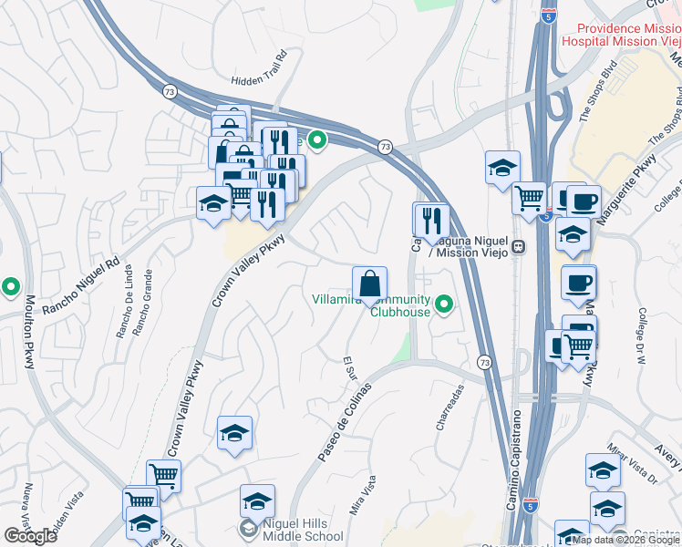 map of restaurants, bars, coffee shops, grocery stores, and more near 25642 Greenfield Drive in Laguna Niguel