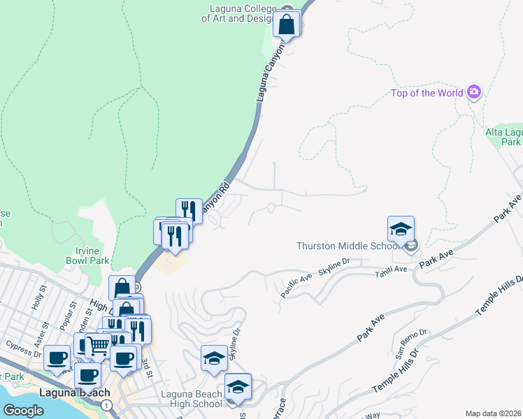 map of restaurants, bars, coffee shops, grocery stores, and more near 1304 Lewellyn Drive in Laguna Beach