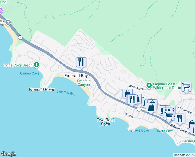 map of restaurants, bars, coffee shops, grocery stores, and more near 225 Emerald Bay in Laguna Beach