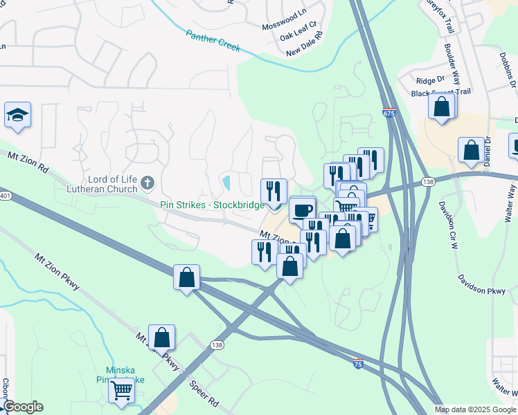 map of restaurants, bars, coffee shops, grocery stores, and more near 3470 Mount Zion Road in Stockbridge