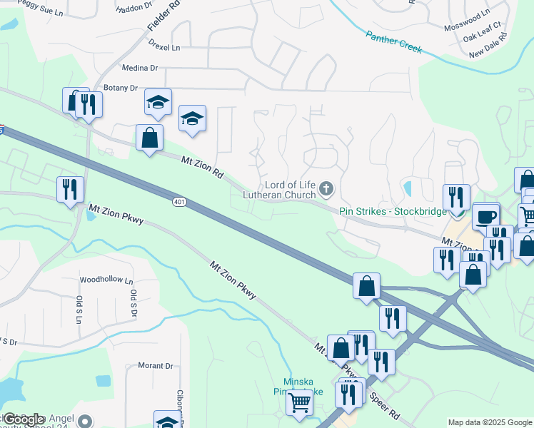 map of restaurants, bars, coffee shops, grocery stores, and more near 2968 Mount Zion Road in Jonesboro