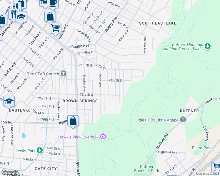 map of restaurants, bars, coffee shops, grocery stores, and more near 7322 Queenstown Avenue in Birmingham