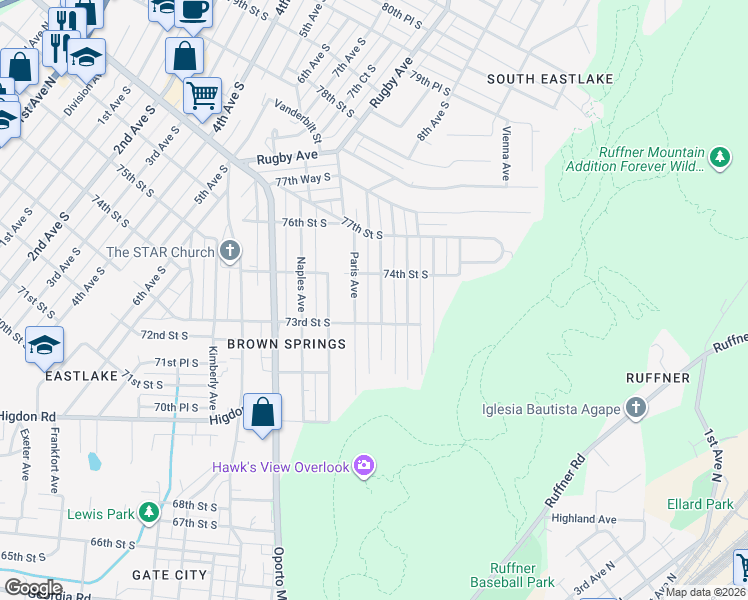map of restaurants, bars, coffee shops, grocery stores, and more near 7322 Queenstown Avenue in Birmingham