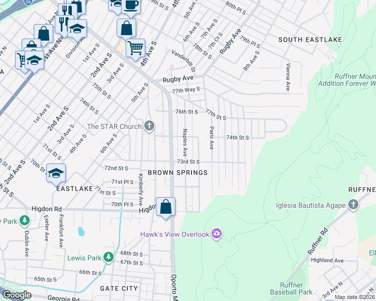 map of restaurants, bars, coffee shops, grocery stores, and more near 7317 Naples Avenue in Birmingham