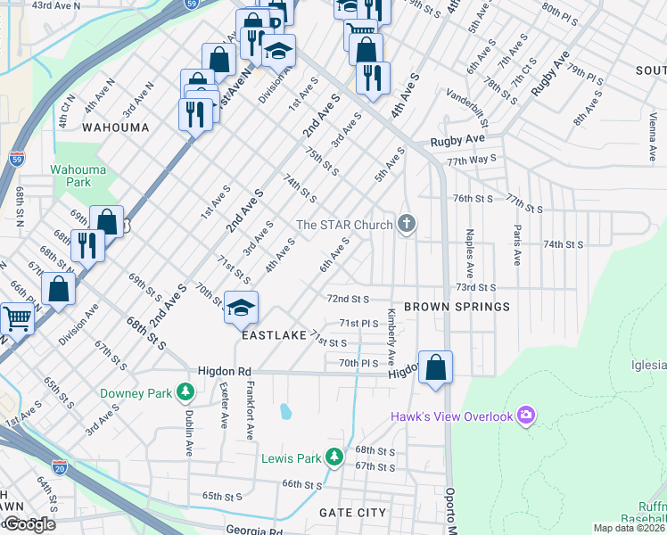 map of restaurants, bars, coffee shops, grocery stores, and more near 7301 6th Ave S in Birmingham