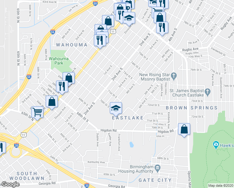 map of restaurants, bars, coffee shops, grocery stores, and more near 7104 4th Avenue South in Birmingham