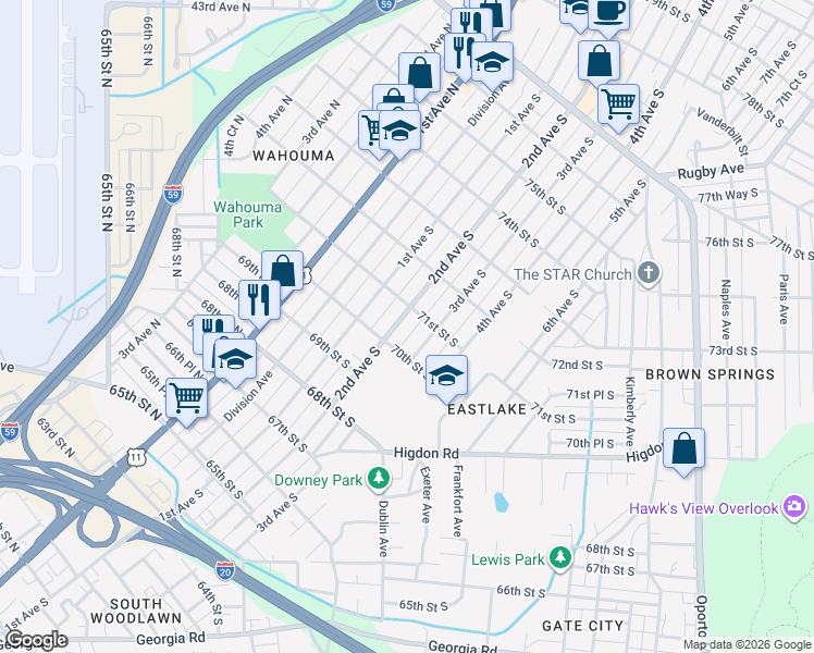 map of restaurants, bars, coffee shops, grocery stores, and more near 7028 3rd Avenue South in Birmingham