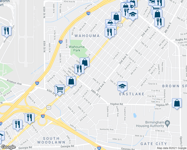 map of restaurants, bars, coffee shops, grocery stores, and more near 6905 Division Avenue in Birmingham