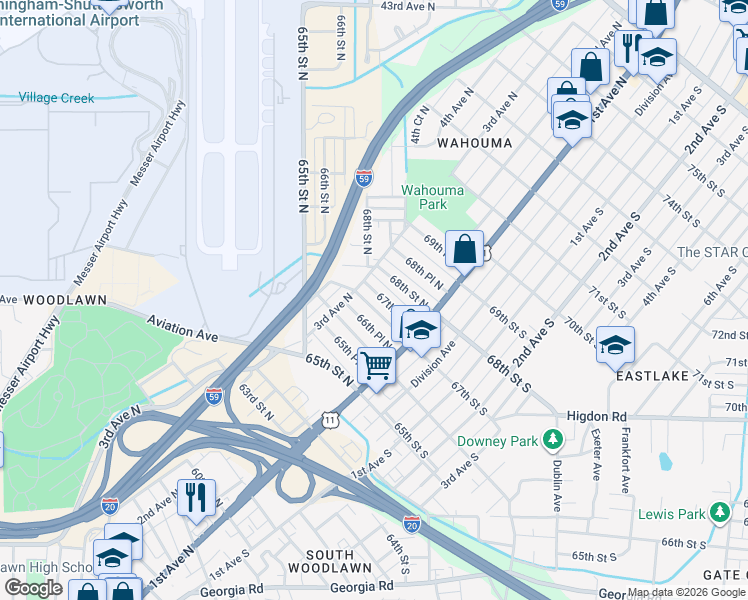 map of restaurants, bars, coffee shops, grocery stores, and more near 201 67th Place North in Birmingham