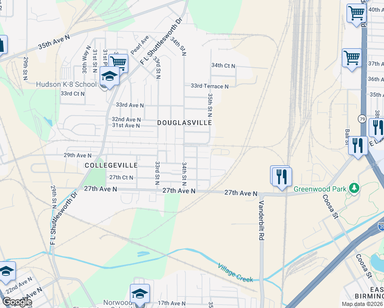 map of restaurants, bars, coffee shops, grocery stores, and more near 3420 29th Avenue North in Birmingham