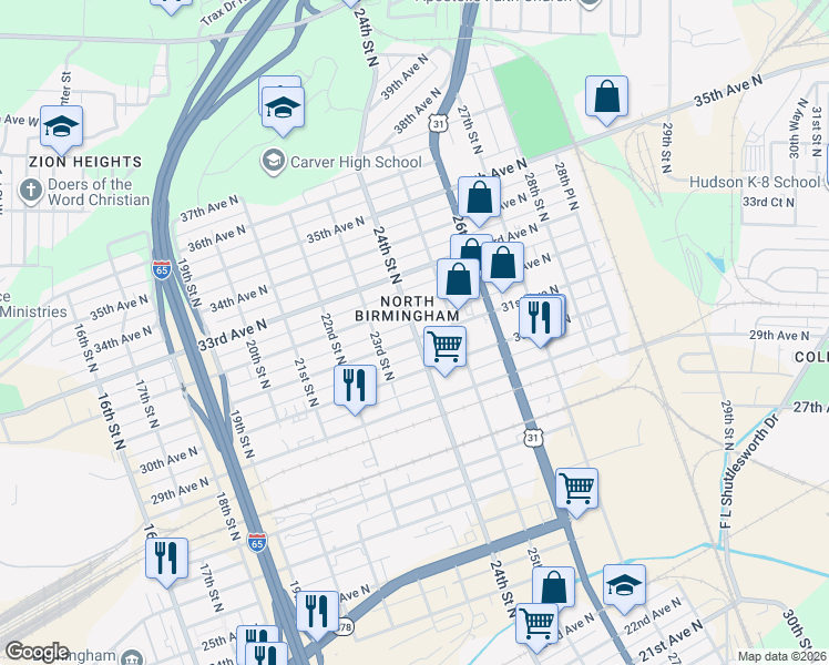 map of restaurants, bars, coffee shops, grocery stores, and more near in Birmingham