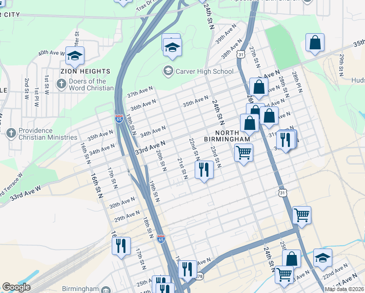 map of restaurants, bars, coffee shops, grocery stores, and more near 2100 32nd Avenue North in Birmingham