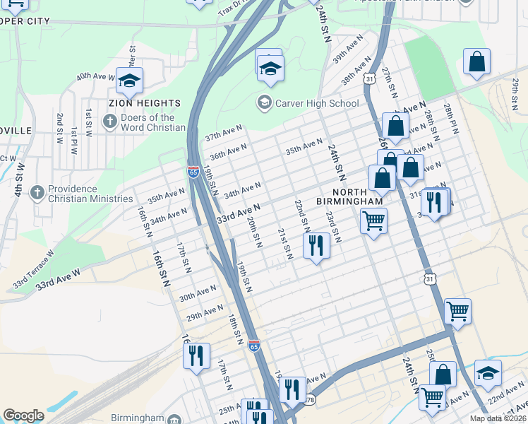 map of restaurants, bars, coffee shops, grocery stores, and more near 2005 33rd Avenue North in Birmingham
