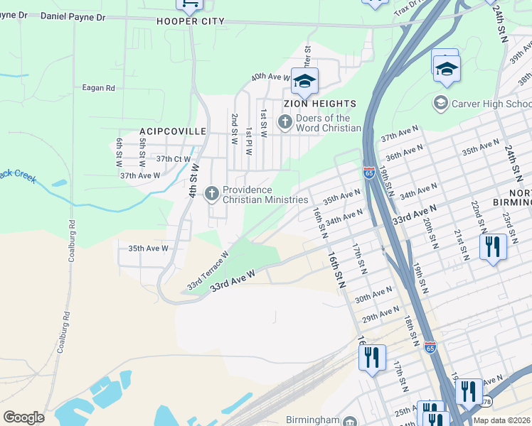 map of restaurants, bars, coffee shops, grocery stores, and more near 1406 36th Avenue North in Birmingham