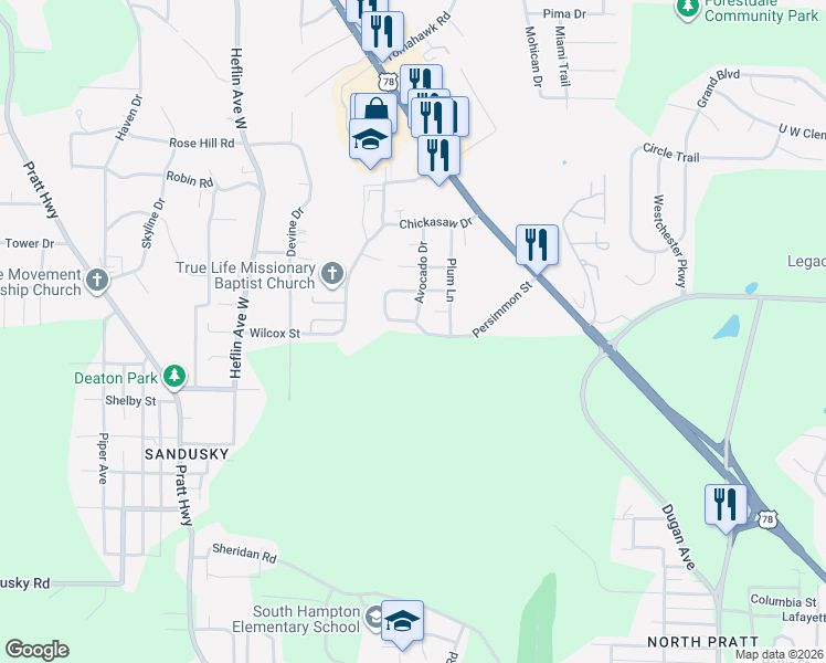 map of restaurants, bars, coffee shops, grocery stores, and more near 1001 Avocado Drive in Birmingham