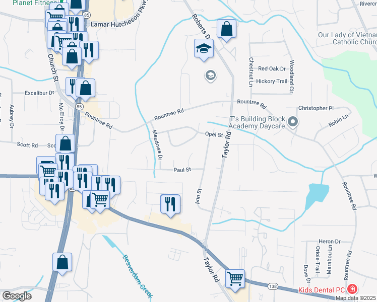 map of restaurants, bars, coffee shops, grocery stores, and more near 7431 Innes Street in Riverdale