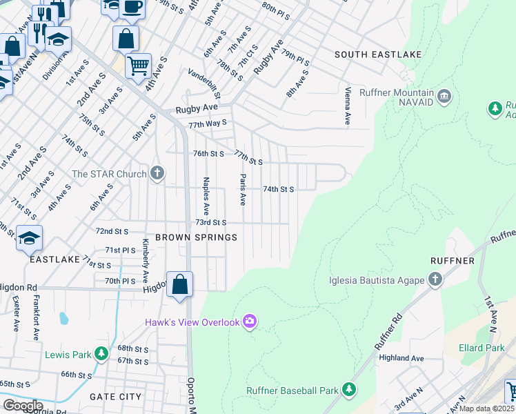 map of restaurants, bars, coffee shops, grocery stores, and more near 7322 Queenstown Avenue in Birmingham