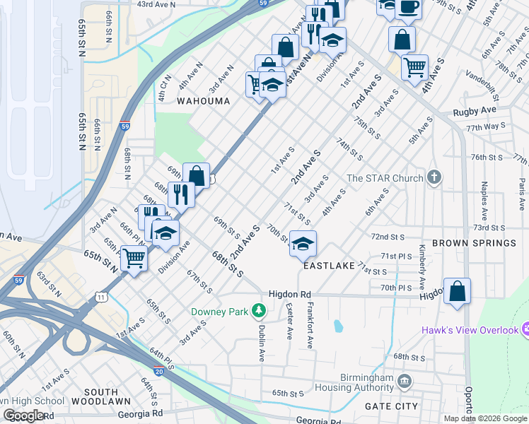 map of restaurants, bars, coffee shops, grocery stores, and more near 7008 2nd Avenue South in Birmingham