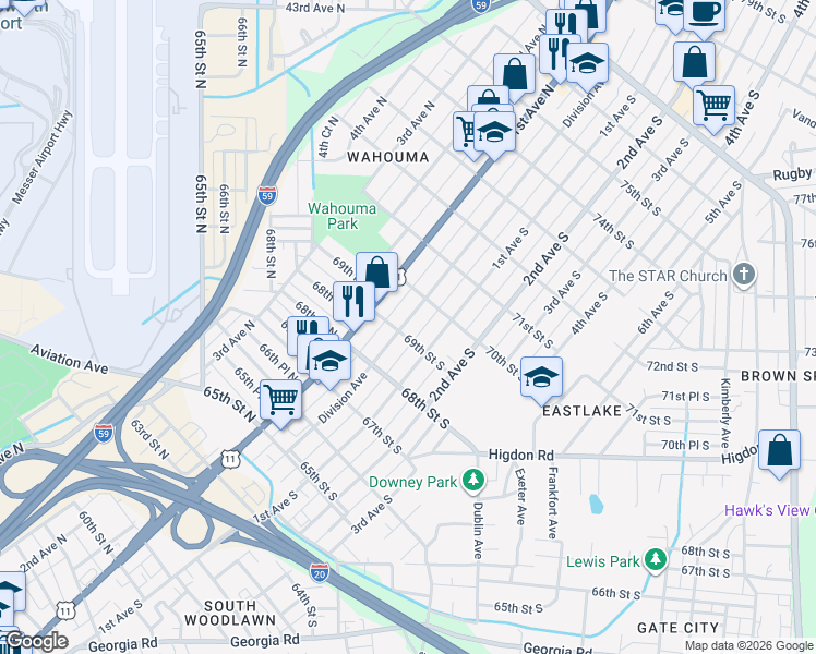 map of restaurants, bars, coffee shops, grocery stores, and more near 6905 Division Avenue in Birmingham