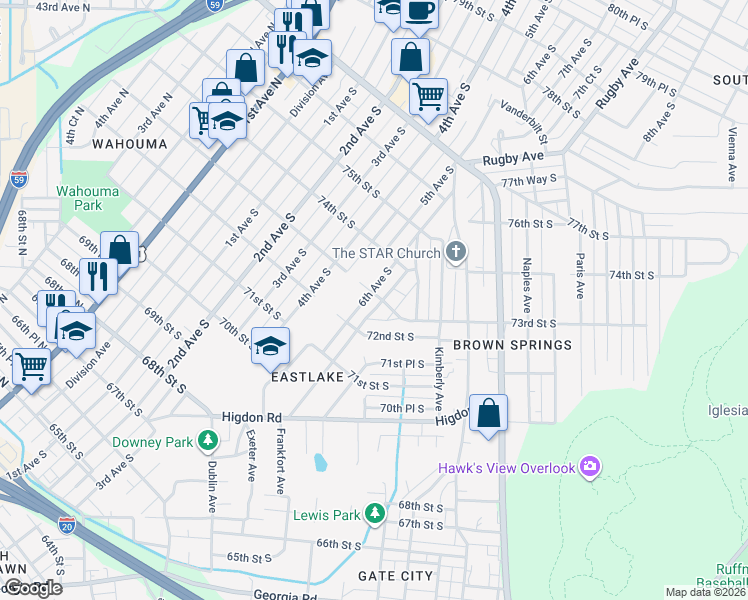 map of restaurants, bars, coffee shops, grocery stores, and more near 7301 6th Avenue South in Birmingham