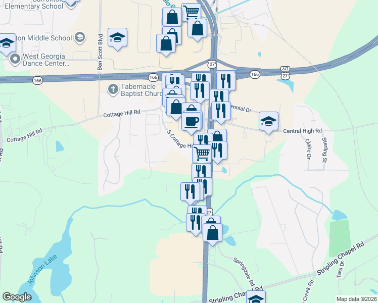 map of restaurants, bars, coffee shops, grocery stores, and more near 104 S Cottage Hill Rd in Carrollton