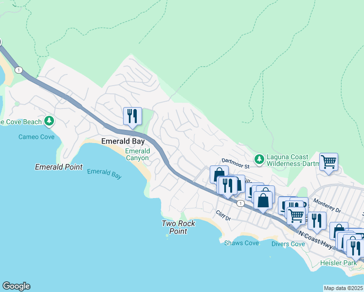 map of restaurants, bars, coffee shops, grocery stores, and more near 300 Emerald Bay in Laguna Beach